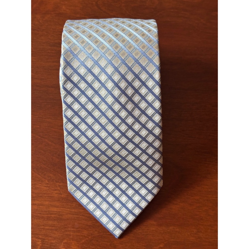 Haggar Necktie Mens Blue Silver Gold Geometric Grid Classic Woven NICE! Preowned